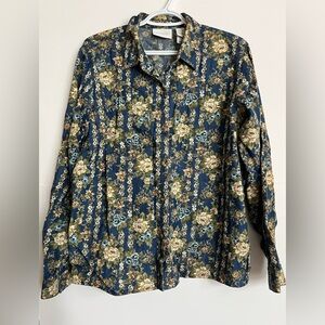 Liz Claiborne Blue Floral Cotton Button Up Large